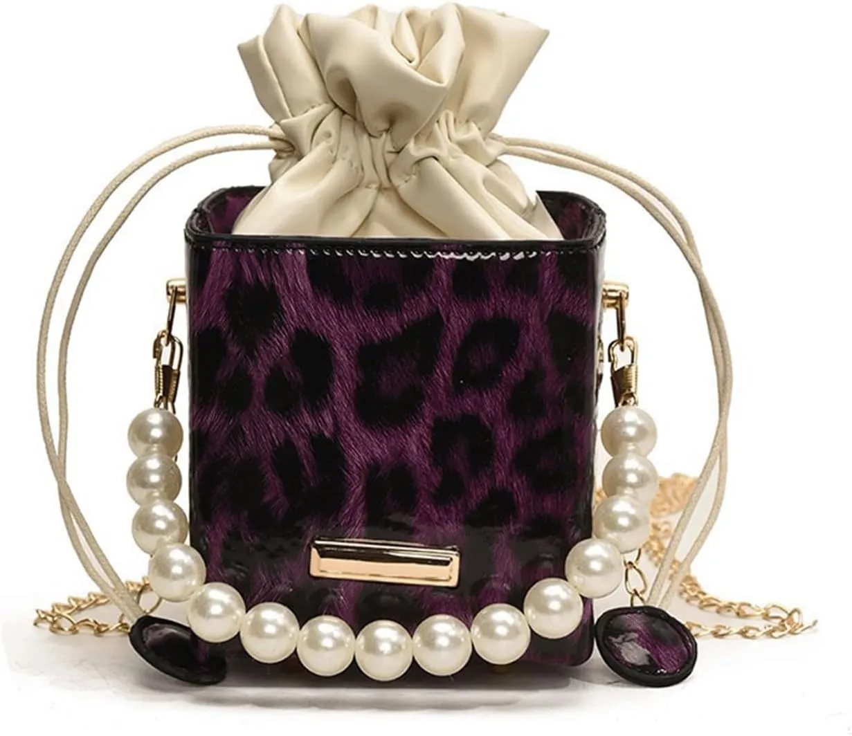 Leopard Purse Cheetah Print Mini Bucket Bag Drawstring Crossbody Box Purse for Girls Prom Wedding Evening Bag