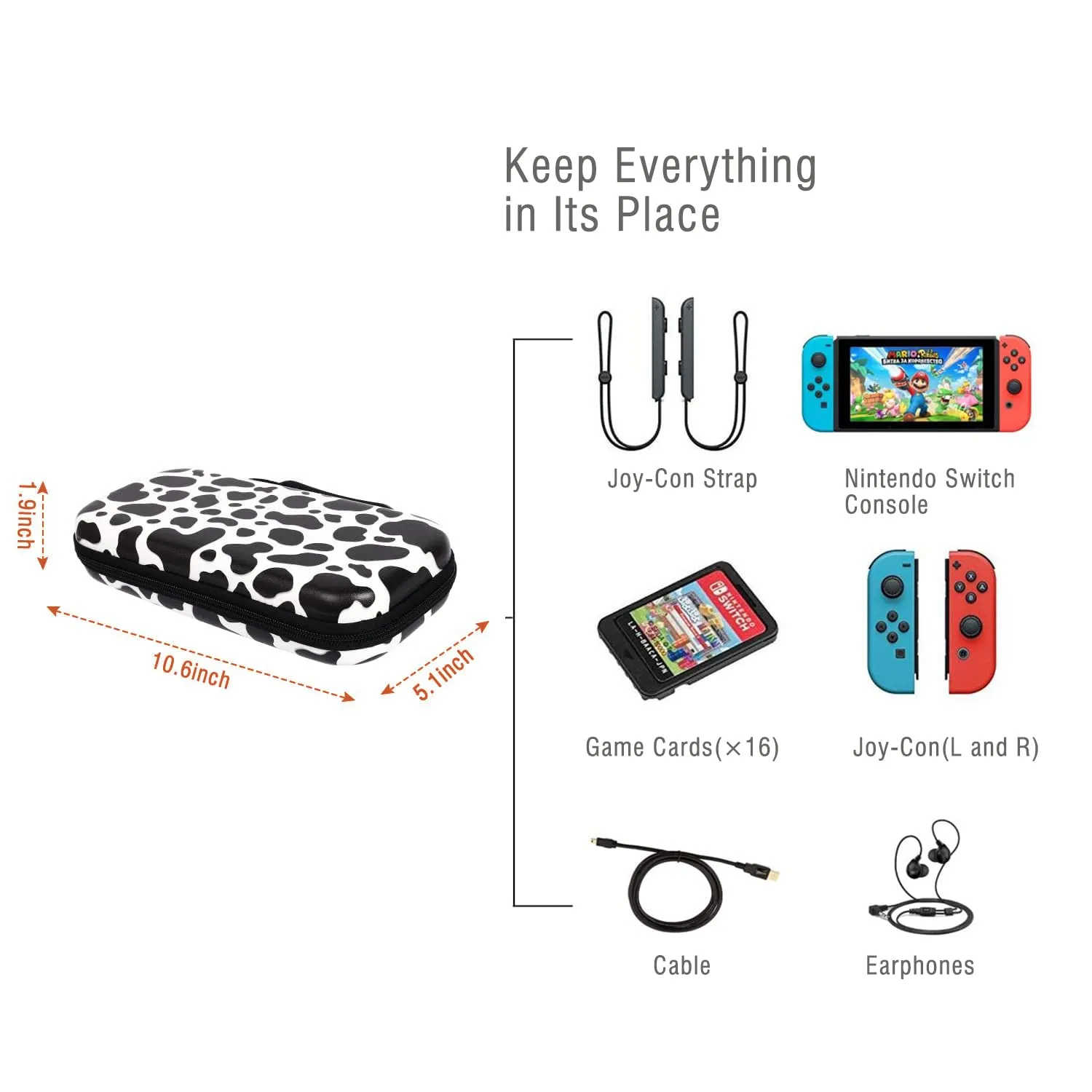 Lokigo Carrying Case for Nintendo Switch/Switch OLED Model (2021), Portable Travel Girls Carry Case Protective Hard Shell with 16 Games Card Cartridges for Switch Console & Accessories, Cow Print