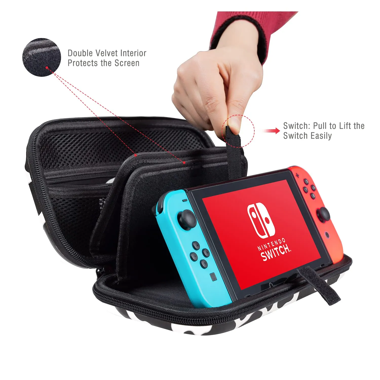 Lokigo Carrying Case for Nintendo Switch/Switch OLED Model (2021), Portable Travel Girls Carry Case Protective Hard Shell with 16 Games Card Cartridges for Switch Console & Accessories, Cow Print