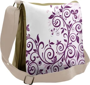 Lunarable Purple Messenger Bag, Vine Ivy Branches Swirls, Unisex Cross-body