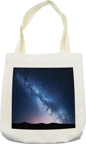 Lunarable Scenery Tote Bag, Night View Landscape of Dark Nebula Cosmos Stardust on Hill Valley Image, Cloth Linen Reusable Bag for Shopping Books Beach and More, 16.5" X 14", Cream