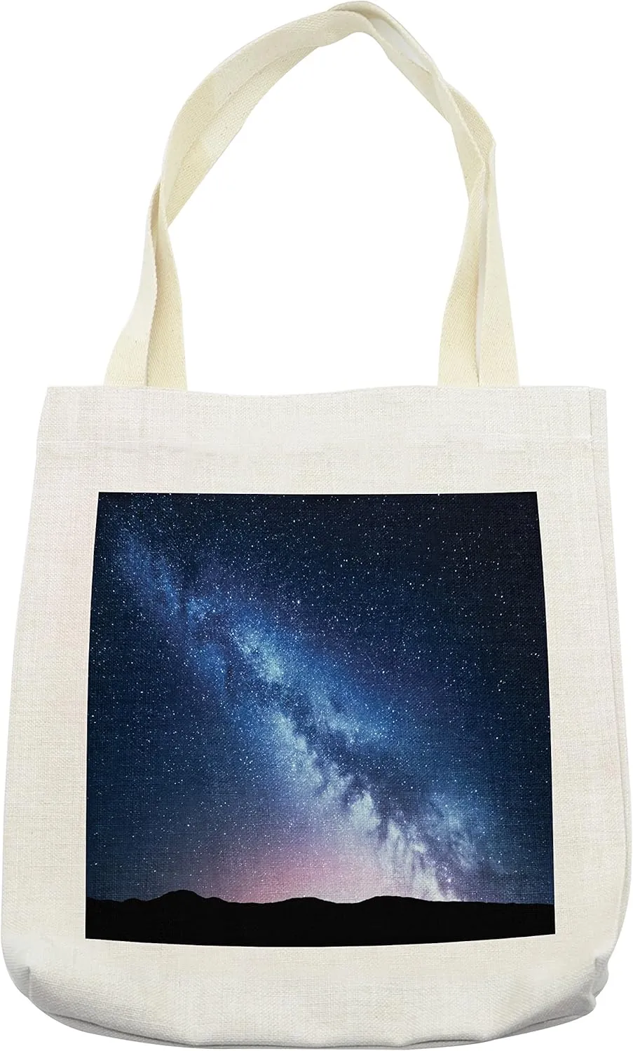 Lunarable Scenery Tote Bag, Night View Landscape of Dark Nebula Cosmos Stardust on Hill Valley Image, Cloth Linen Reusable Bag for Shopping Books Beach and More, 16.5" X 14", Cream