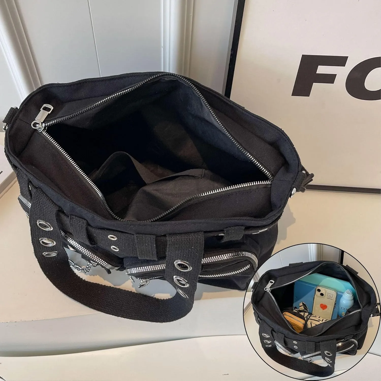 Makukke Y2K Tote Bag for Women Canvas Shoulder Bag Large Gothic Bag Skull Handbag for Work Office Travel