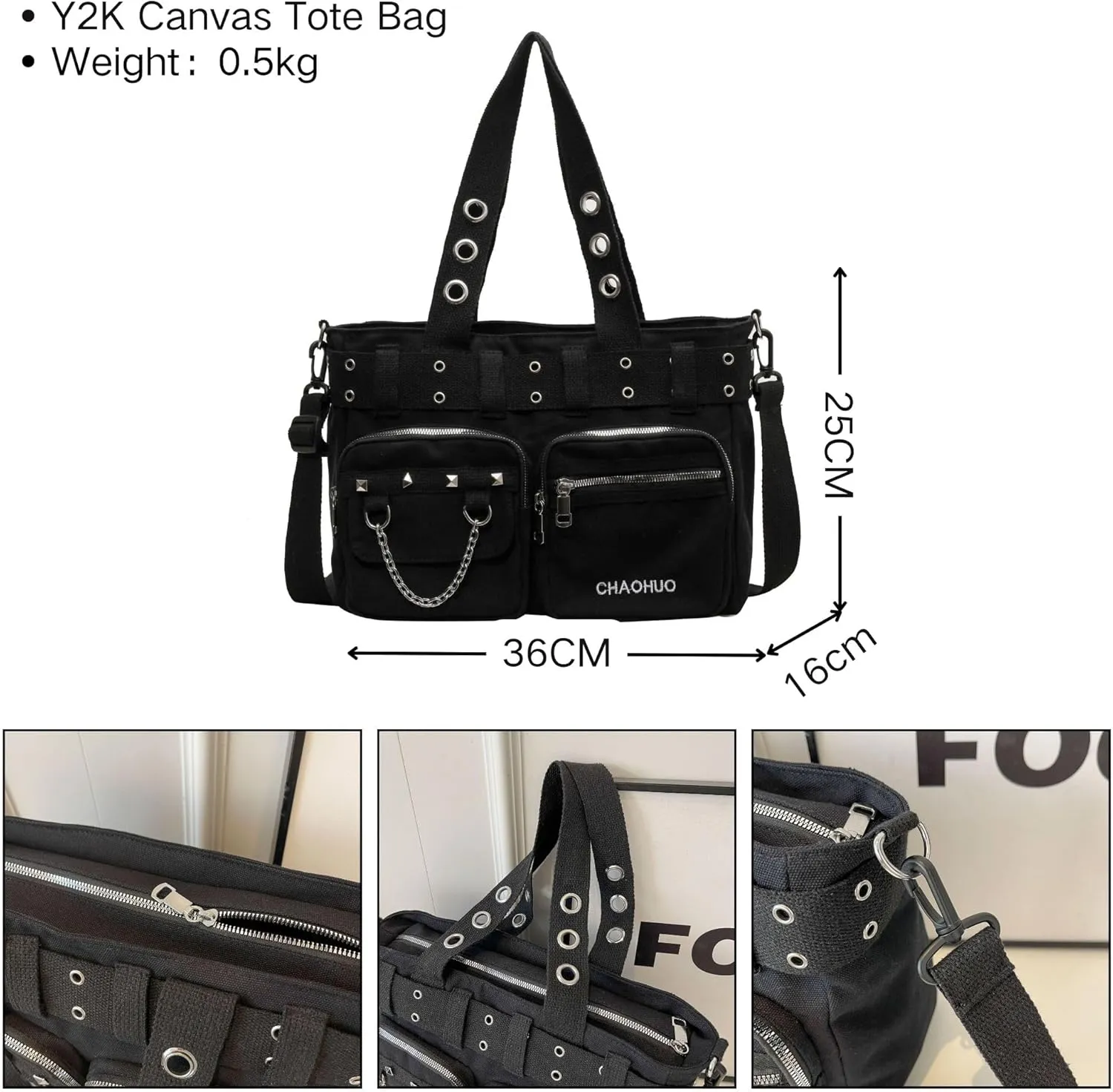 Makukke Y2K Tote Bag for Women Canvas Shoulder Bag Large Gothic Bag Skull Handbag for Work Office Travel