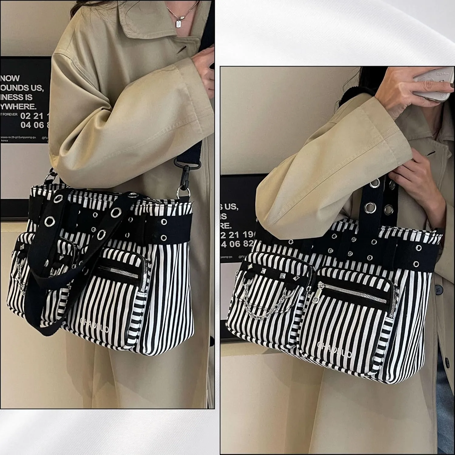 Makukke Y2K Tote Bag for Women Canvas Shoulder Bag Large Gothic Bag Skull Handbag for Work Office Travel