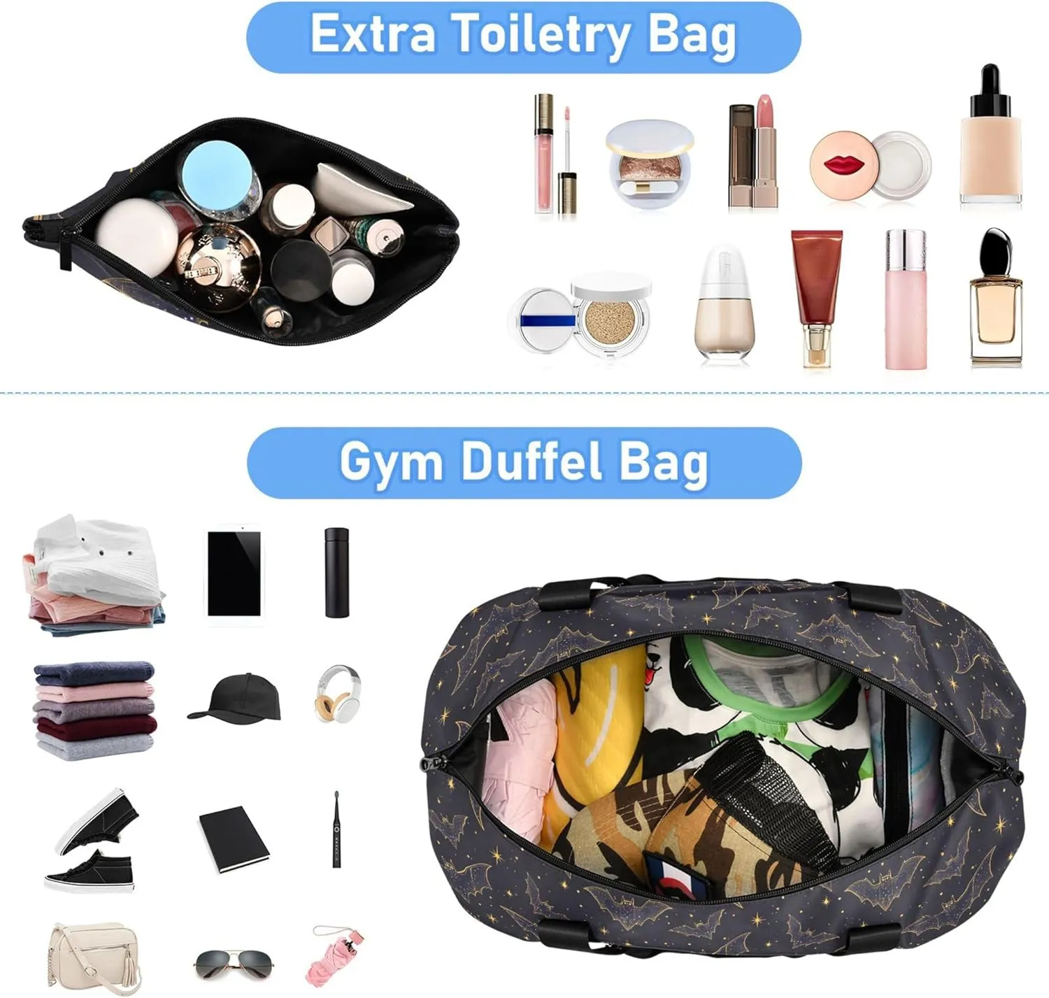 MNSRUU Bats Stars Sports Duffel Bag, Wet Pocket Weekender Overnight Bag, Gym Bag, Carry On Bag, Hospital Bag for Women & Men