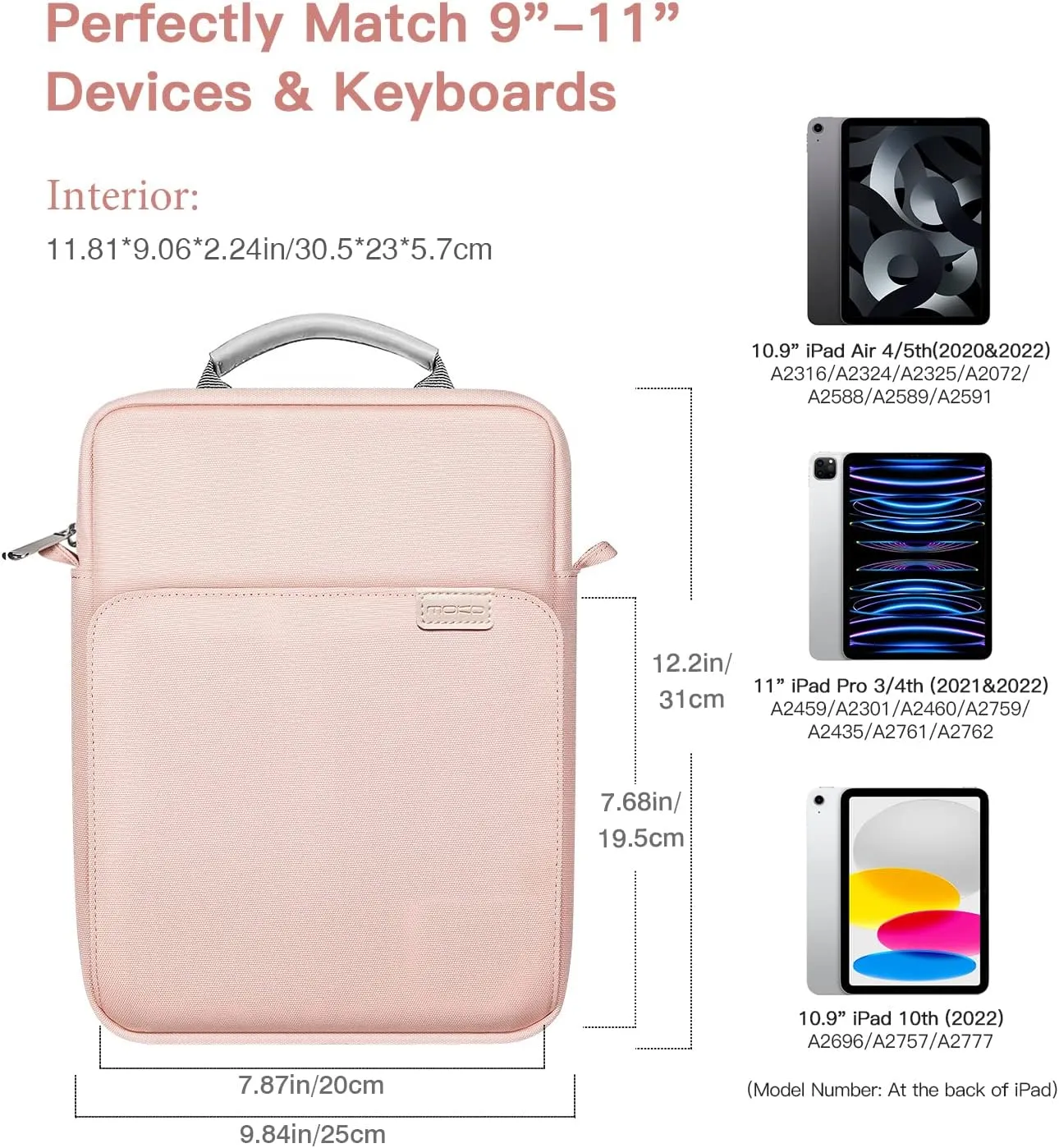 MoKo 9-11 Inch Tablet Sleeve Bag Handle Carrying Case with Shoulder Strap Fits New 11-inch iPad Pro M4/iPad Air M2, iPad 10th 10.9, iPad 9/8/7th 10.2, iPad Air 5/4th 10.9, Tab S8/S9 11, Pink