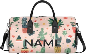 Personalized Cute Cactus Travel Duffel Bag with Name, Custom Gym Sport Bag Boho Abstract Carry On Weekend Overnight Duffel Bag for Men Women