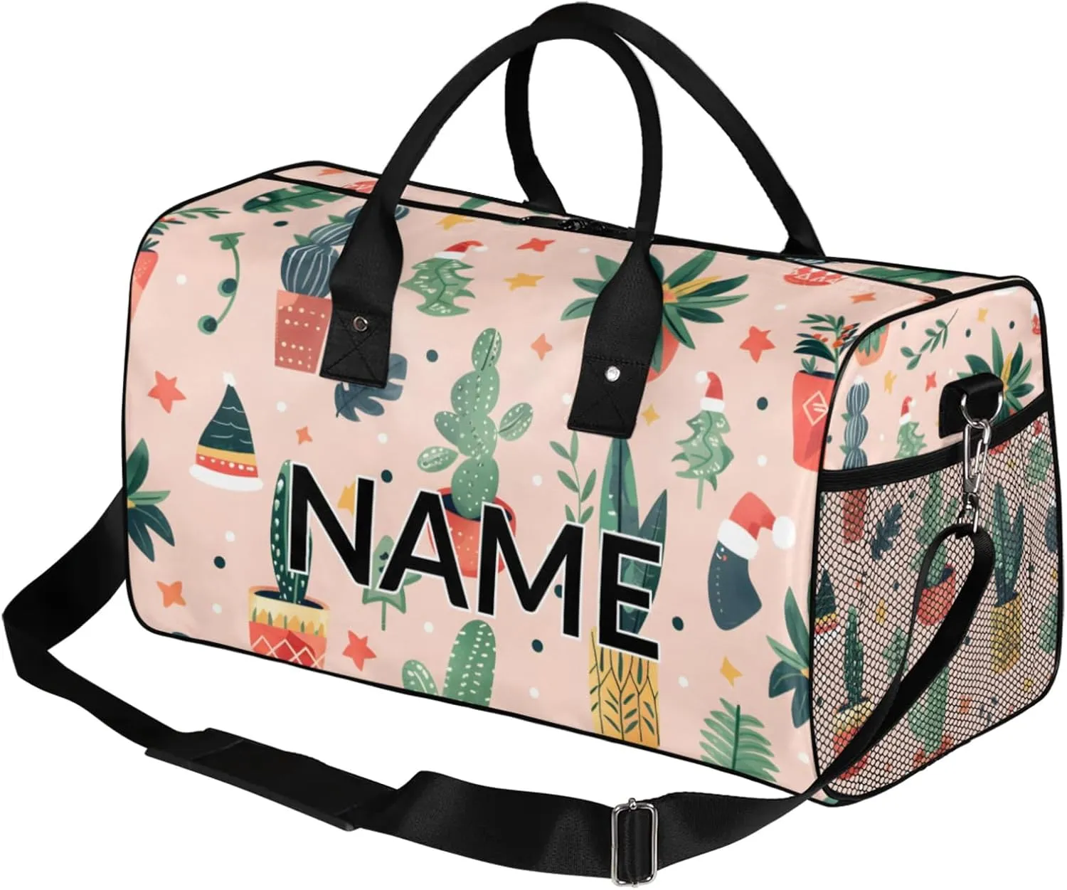 Personalized Cute Cactus Travel Duffel Bag with Name, Custom Gym Sport Bag Boho Abstract Carry On Weekend Overnight Duffel Bag for Men Women