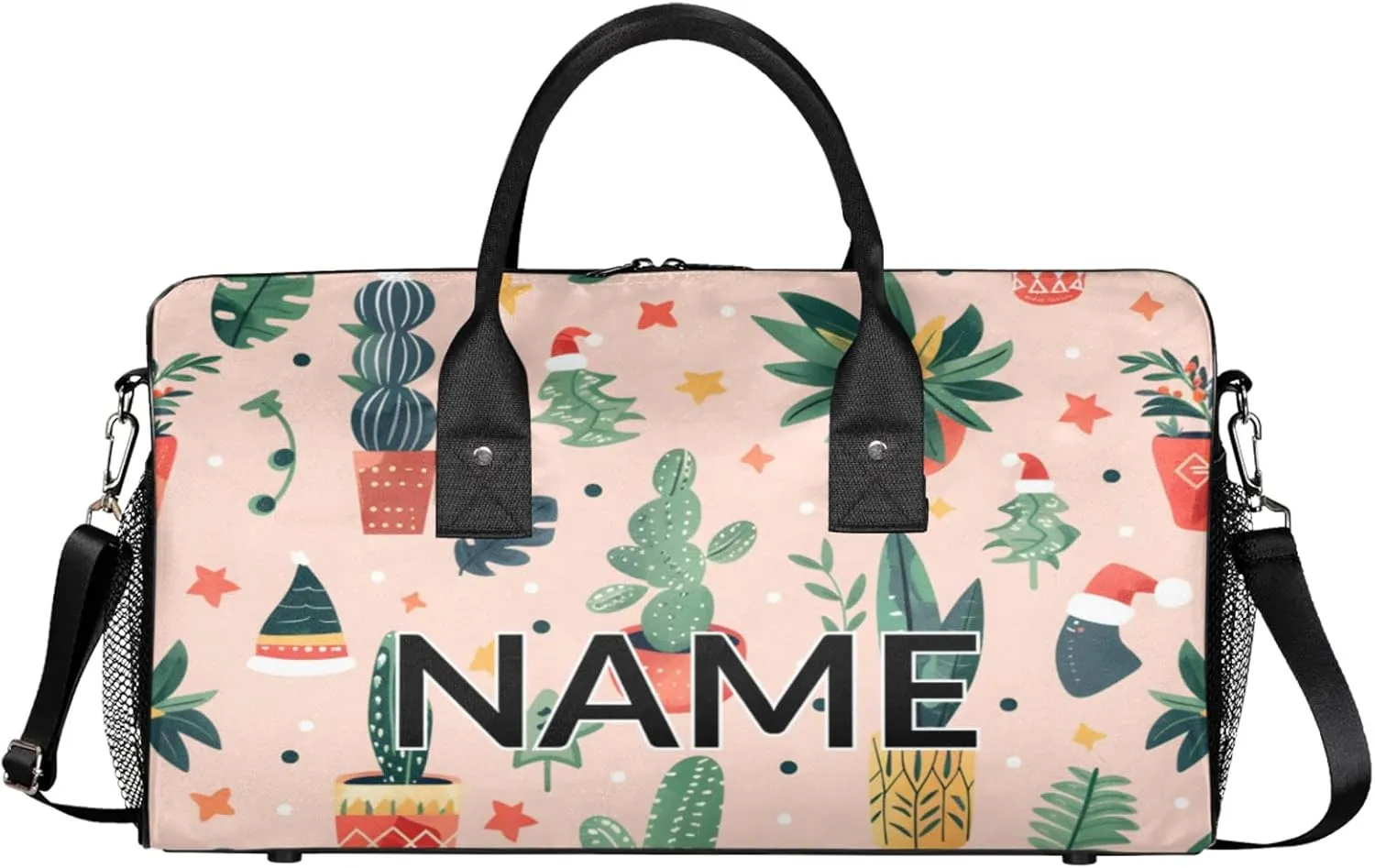 Personalized Cute Cactus Travel Duffel Bag with Name, Custom Gym Sport Bag Boho Abstract Carry On Weekend Overnight Duffel Bag for Men Women