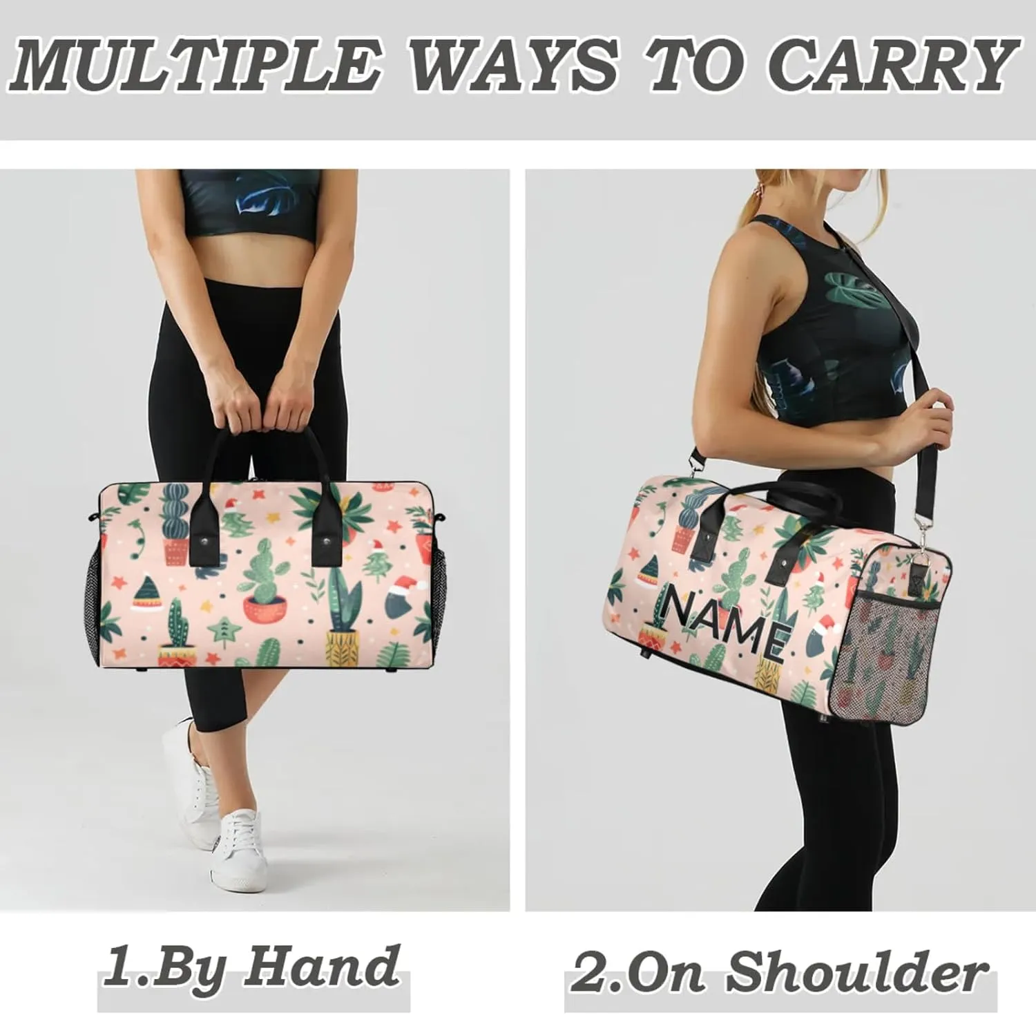 Personalized Cute Cactus Travel Duffel Bag with Name, Custom Gym Sport Bag Boho Abstract Carry On Weekend Overnight Duffel Bag for Men Women