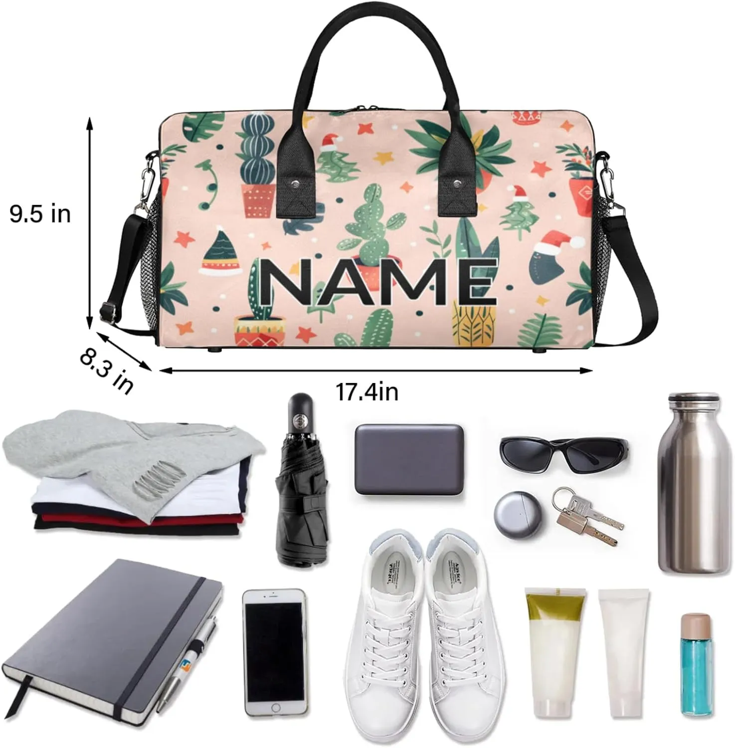 Personalized Cute Cactus Travel Duffel Bag with Name, Custom Gym Sport Bag Boho Abstract Carry On Weekend Overnight Duffel Bag for Men Women