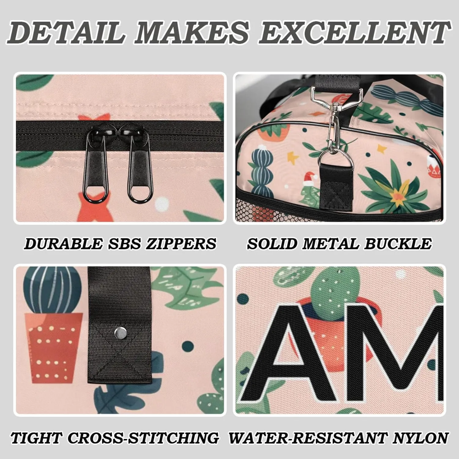 Personalized Cute Cactus Travel Duffel Bag with Name, Custom Gym Sport Bag Boho Abstract Carry On Weekend Overnight Duffel Bag for Men Women