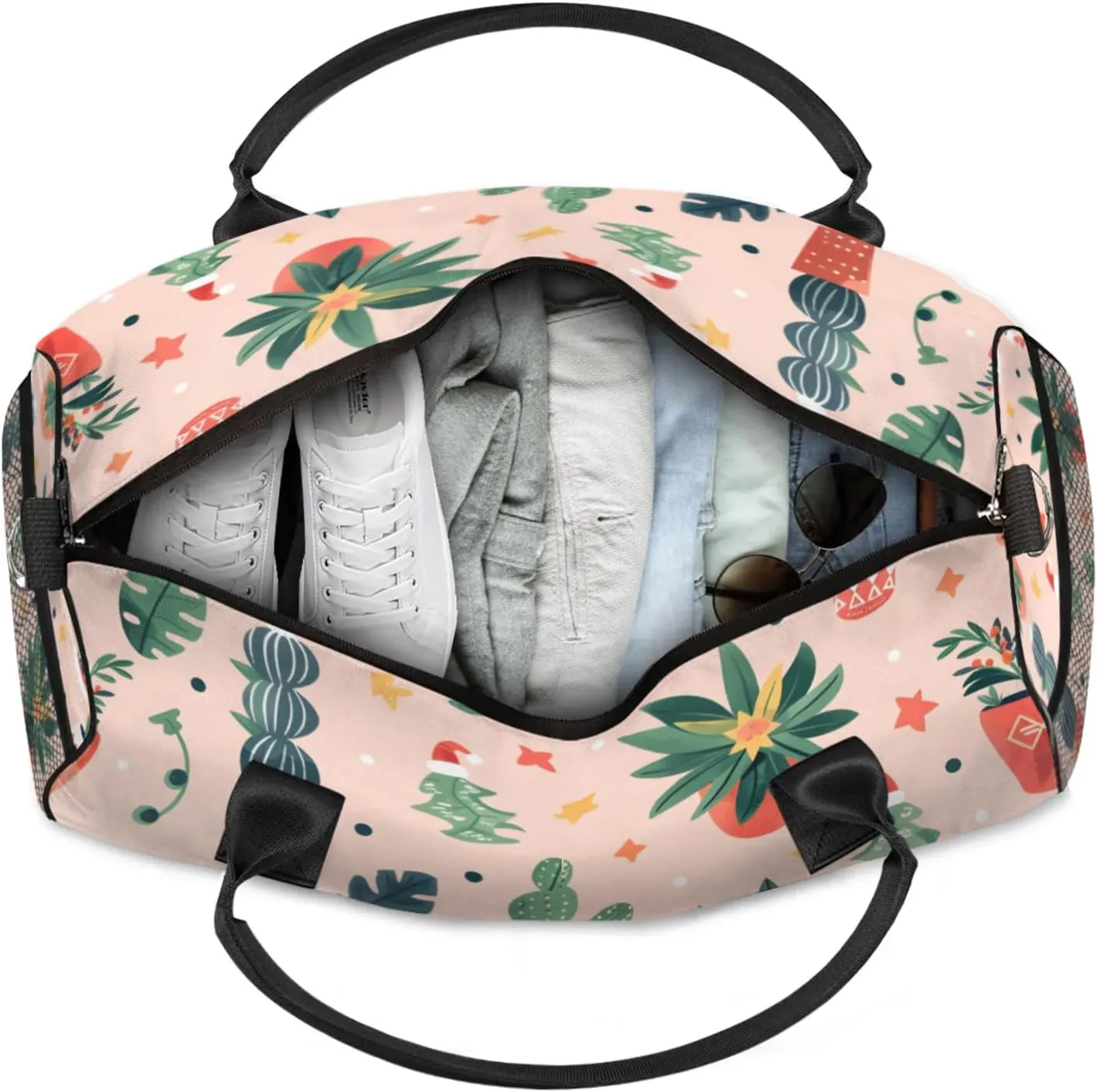 Personalized Cute Cactus Travel Duffel Bag with Name, Custom Gym Sport Bag Boho Abstract Carry On Weekend Overnight Duffel Bag for Men Women