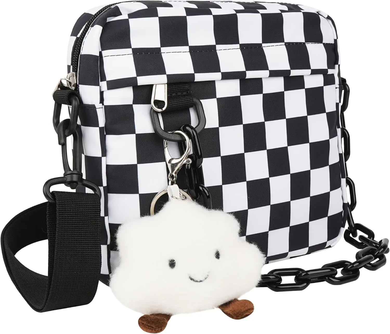 Small Crossbody Messenger Bag for Women Men, Cute Nylon Shoulder Purse Bag with Detachable White Cloud Pendant, Checkered