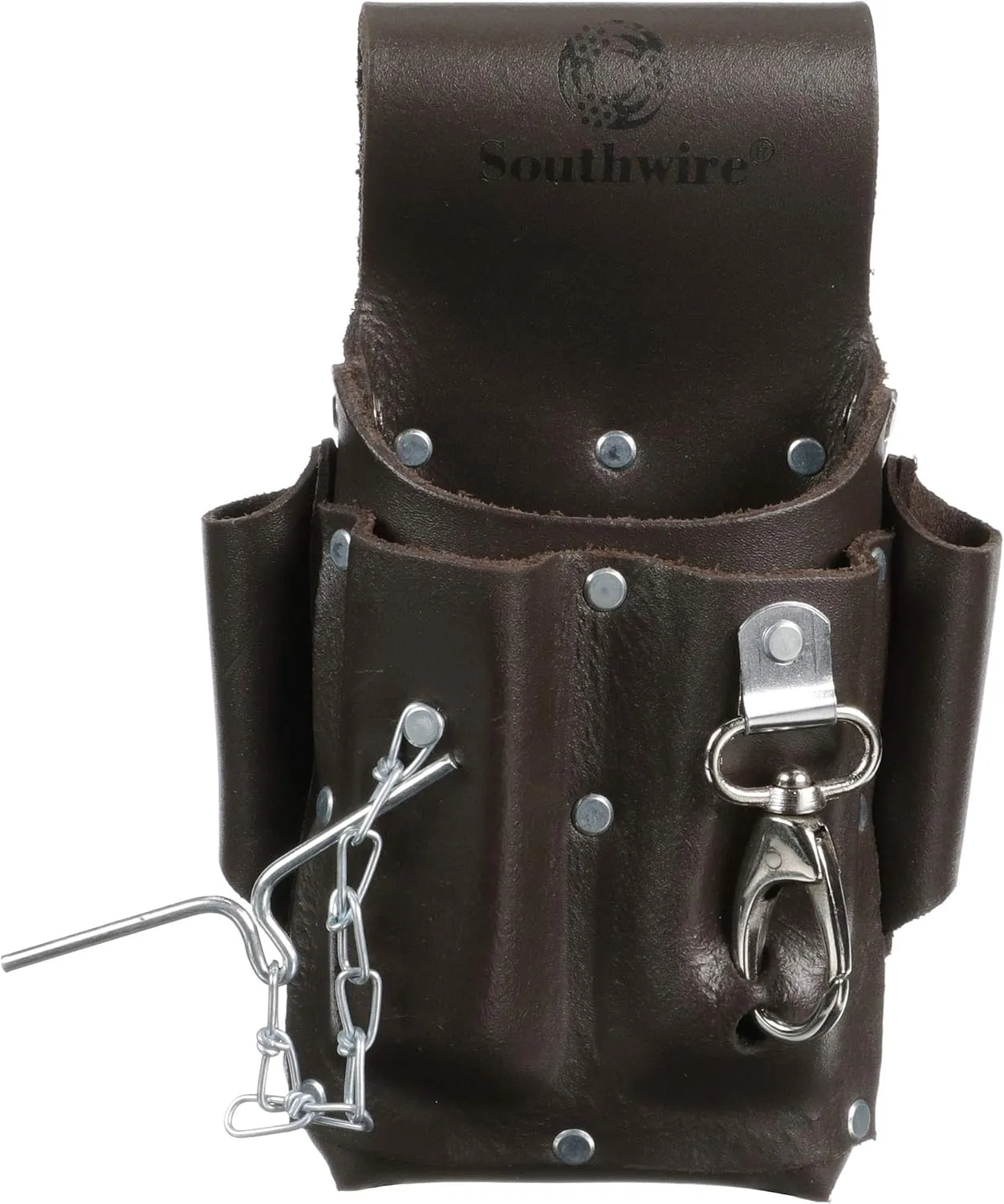 Southwire POUCH4 Leather Tool Pouch; 5 Pocket Pouch with Electrical Tape Chain; Fade Resistant; Durable Compartments; Washer Rivets; Includes Metal Tool Clip; Dark Brown