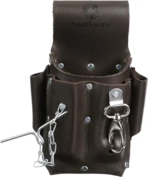 Southwire POUCH4 Leather Tool Pouch; 5 Pocket Pouch with Electrical Tape Chain; Fade Resistant; Durable Compartments; Washer Rivets; Includes Metal Tool Clip; Dark Brown