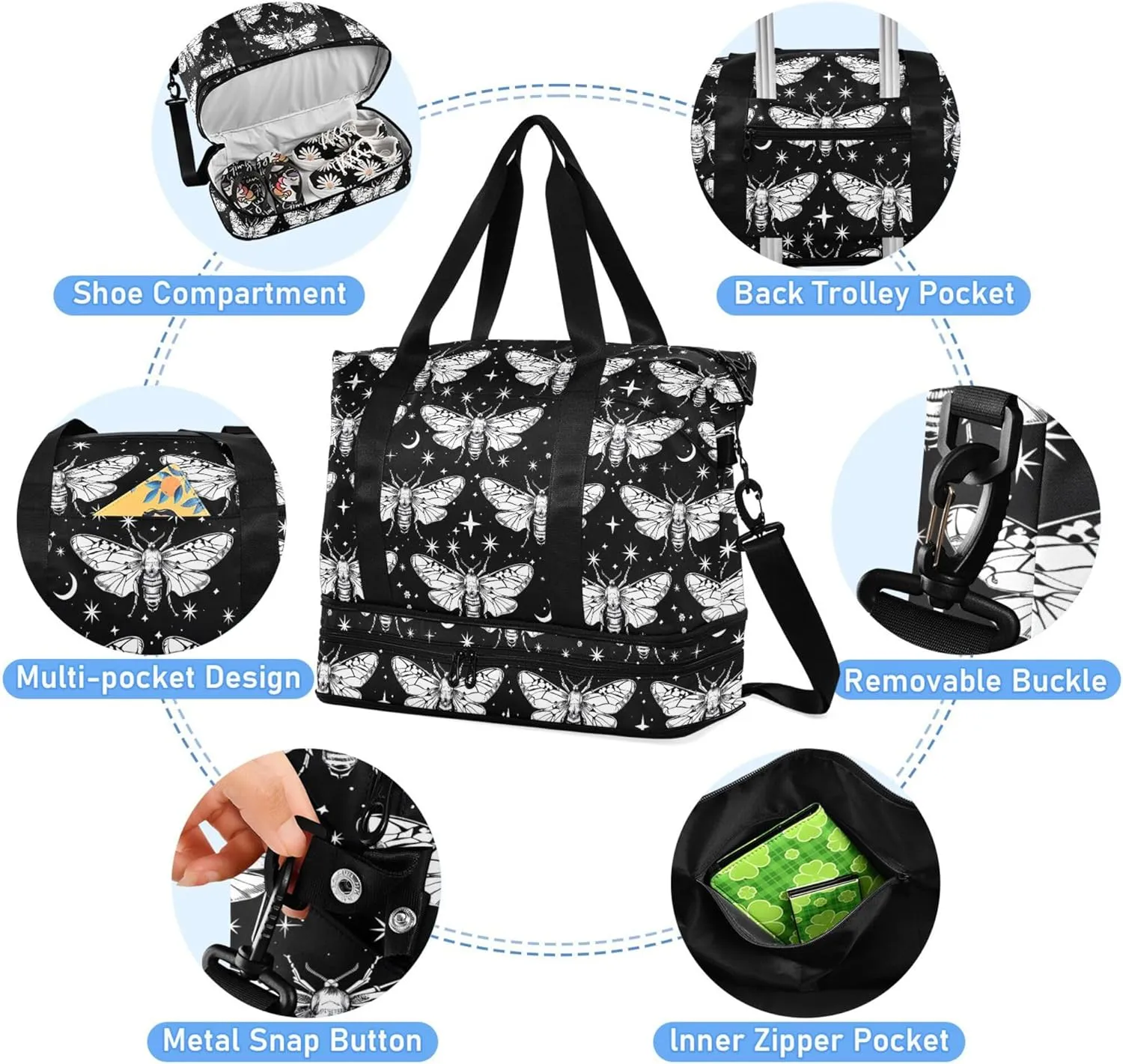 Travel Duffel Tote Bag Butterfly and Stars Sports Duffel Bag with Wet Pocket Weekender Overnight Bag for Women Men Gym Bag, Carry On Bag Hospital Bag for Labor and Delivery