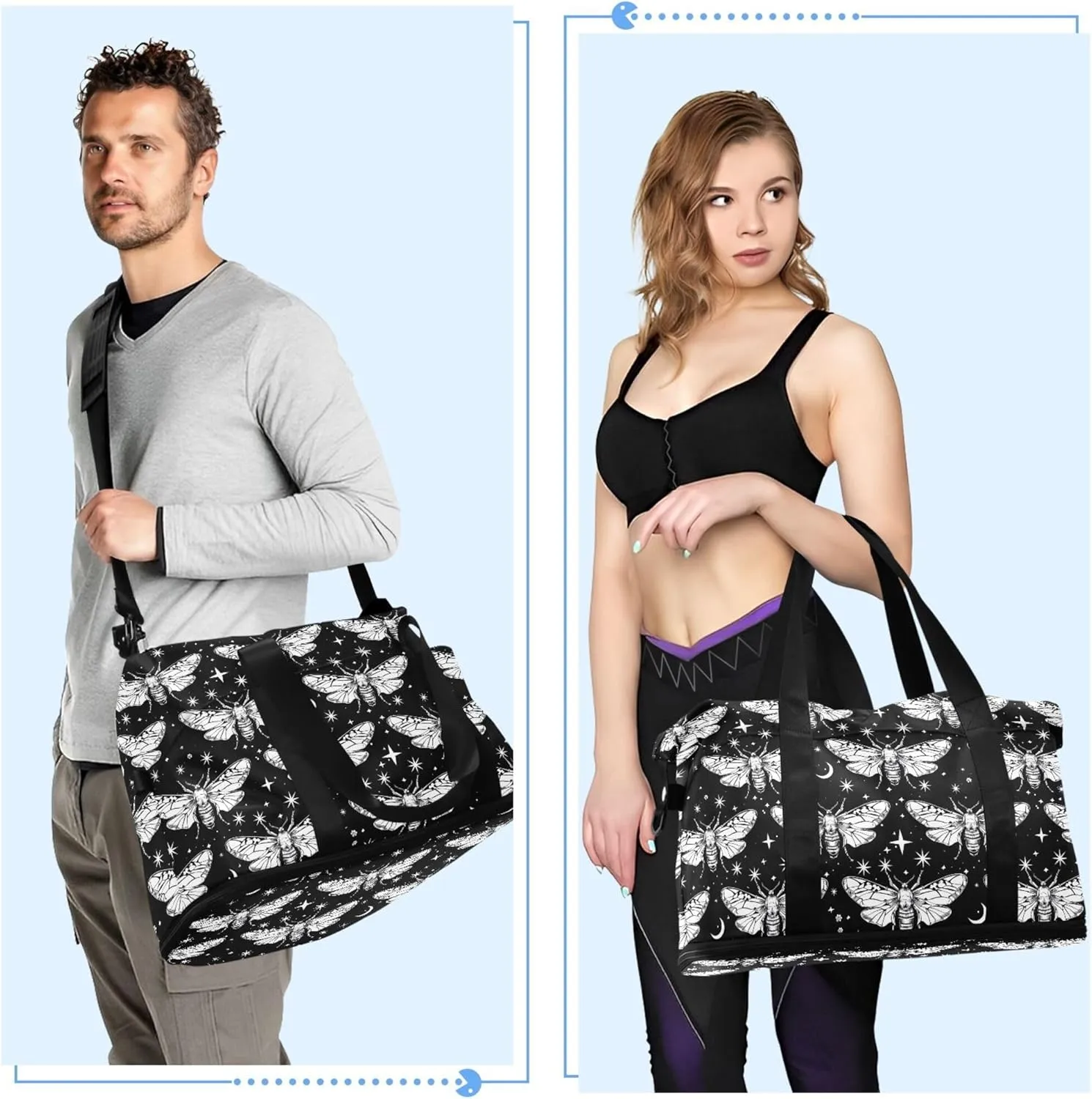 Travel Duffel Tote Bag Butterfly and Stars Sports Duffel Bag with Wet Pocket Weekender Overnight Bag for Women Men Gym Bag, Carry On Bag Hospital Bag for Labor and Delivery