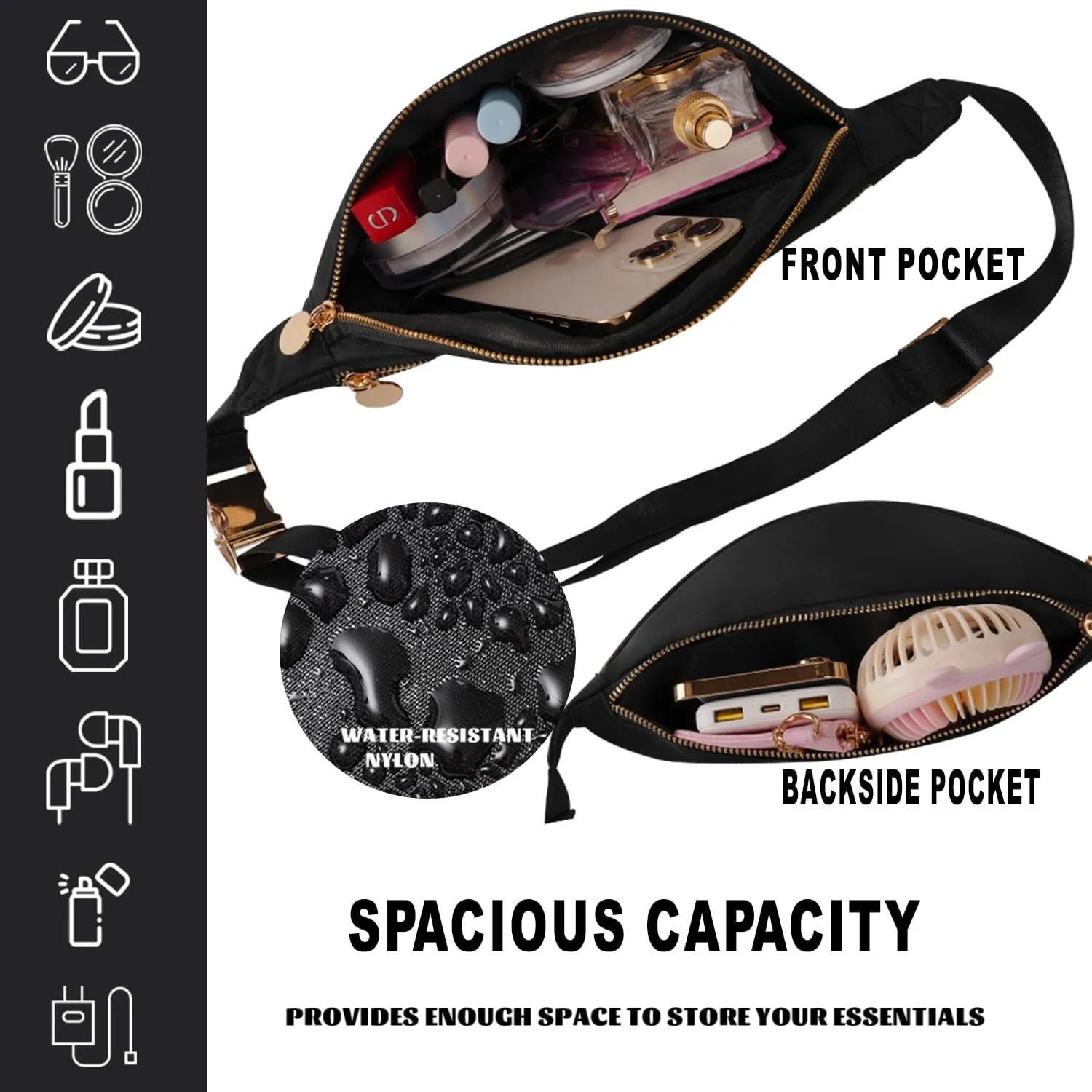 Waist Pack Crossbody Fanny Pack Nylon Belt Bag for Men Women Fashion Cross Body Bag (Black)