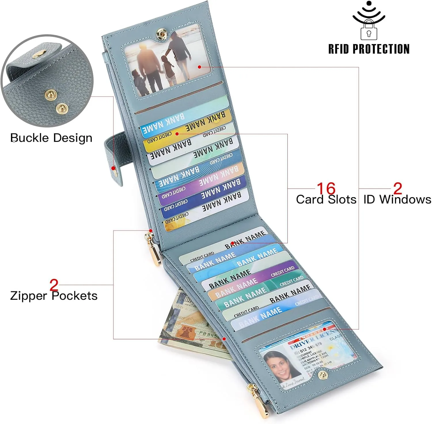 Wallet Women RFID Blocking Leather Large Bifold Multi Card Purse with Zipper Pocke Credit Card Holder