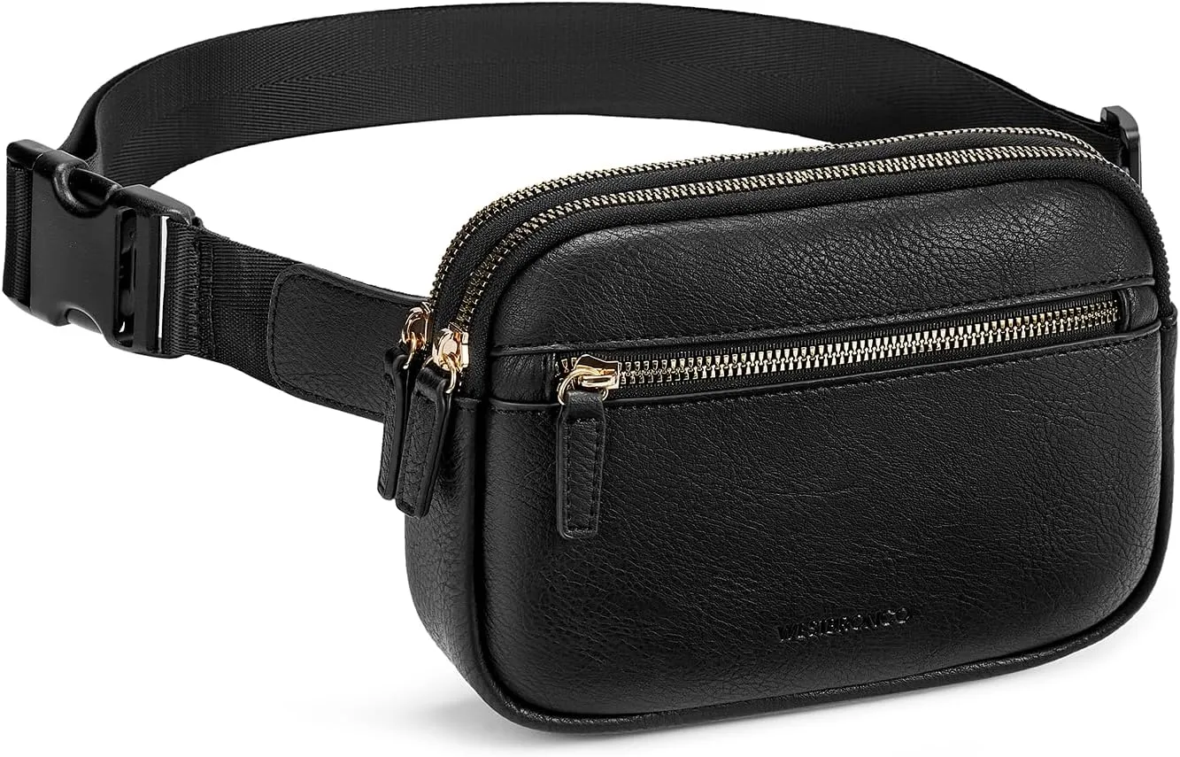 WESTBRONCO Fanny Packs for Women, Fashion Waist Packs with Adjustable Strap, PU Leather Belt Bag with Multi-Pockets, Small Crossbody Purse, Black