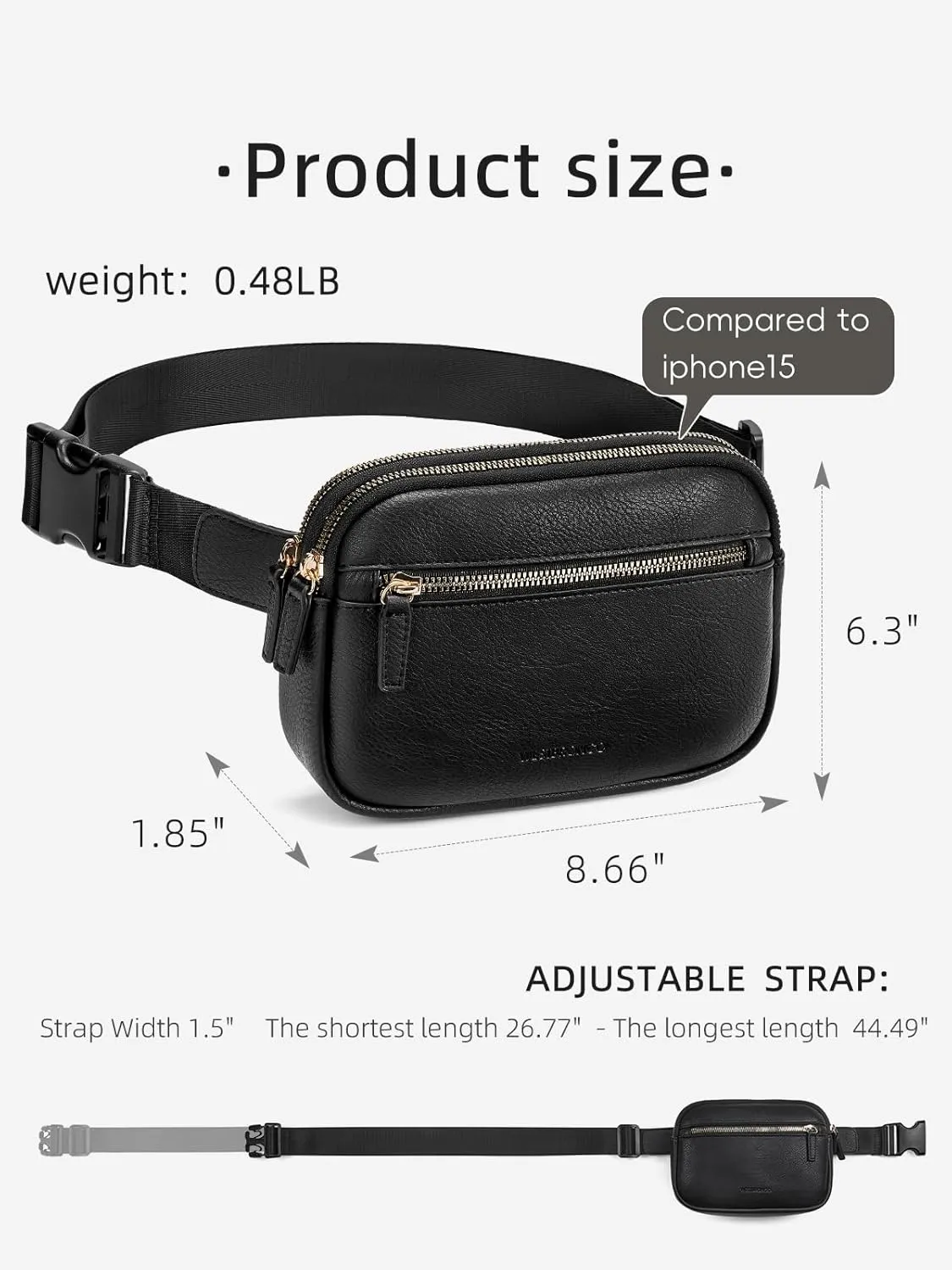 WESTBRONCO Fanny Packs for Women, Fashion Waist Packs with Adjustable Strap, PU Leather Belt Bag with Multi-Pockets, Small Crossbody Purse, Black