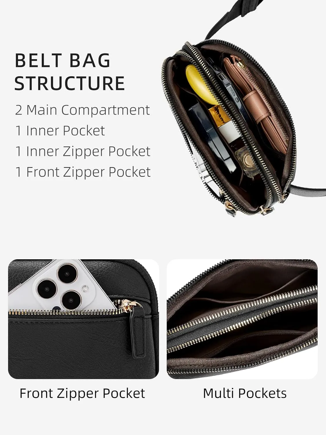 WESTBRONCO Fanny Packs for Women, Fashion Waist Packs with Adjustable Strap, PU Leather Belt Bag with Multi-Pockets, Small Crossbody Purse, Black