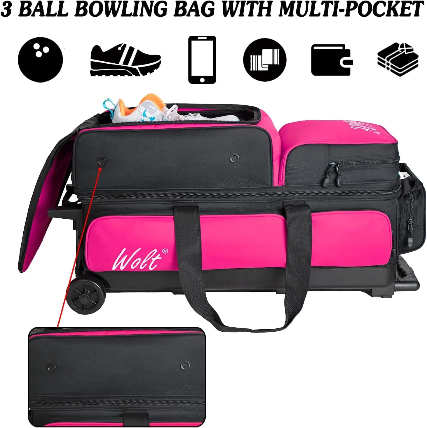 WOLT 3 Ball Bowling Bags with Wheels,Bowling Ball Bag 3 Ball Roller with Separate Shoe Compartment and Accessory Pocket, Retractable Handle Extends to 38