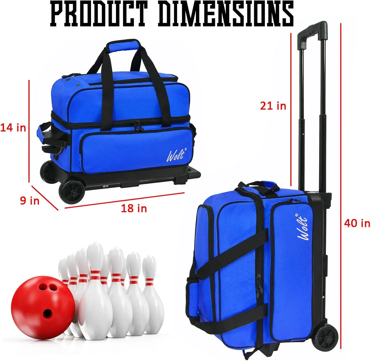 WOLT Double Roller 2 Ball Bowling Bag with Separate Shoe Compartment, Large Capacity Bowling Ball Bag with Accessory Pocket, Retractable Handle extends to 40"