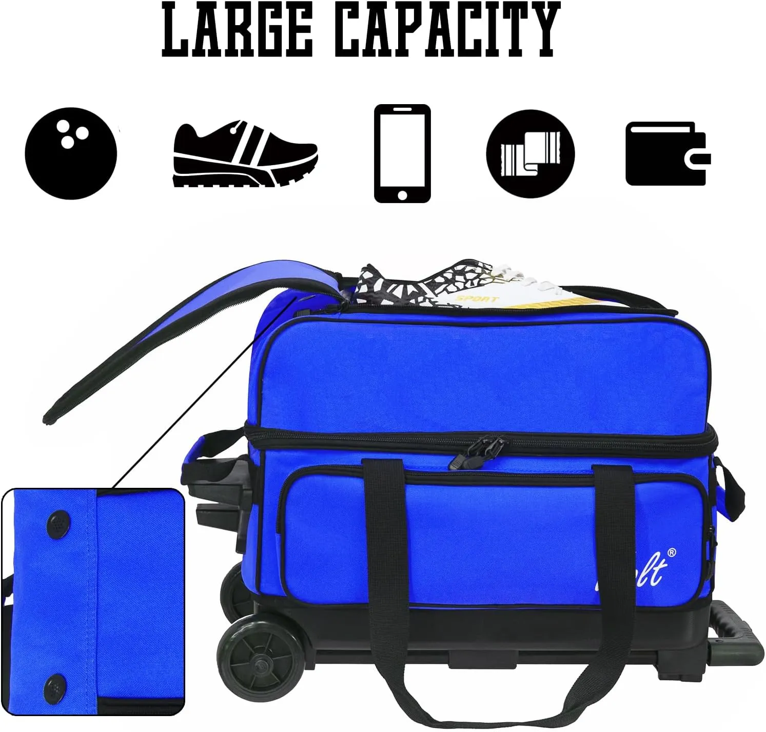 WOLT Double Roller 2 Ball Bowling Bag with Separate Shoe Compartment, Large Capacity Bowling Ball Bag with Accessory Pocket, Retractable Handle extends to 40"