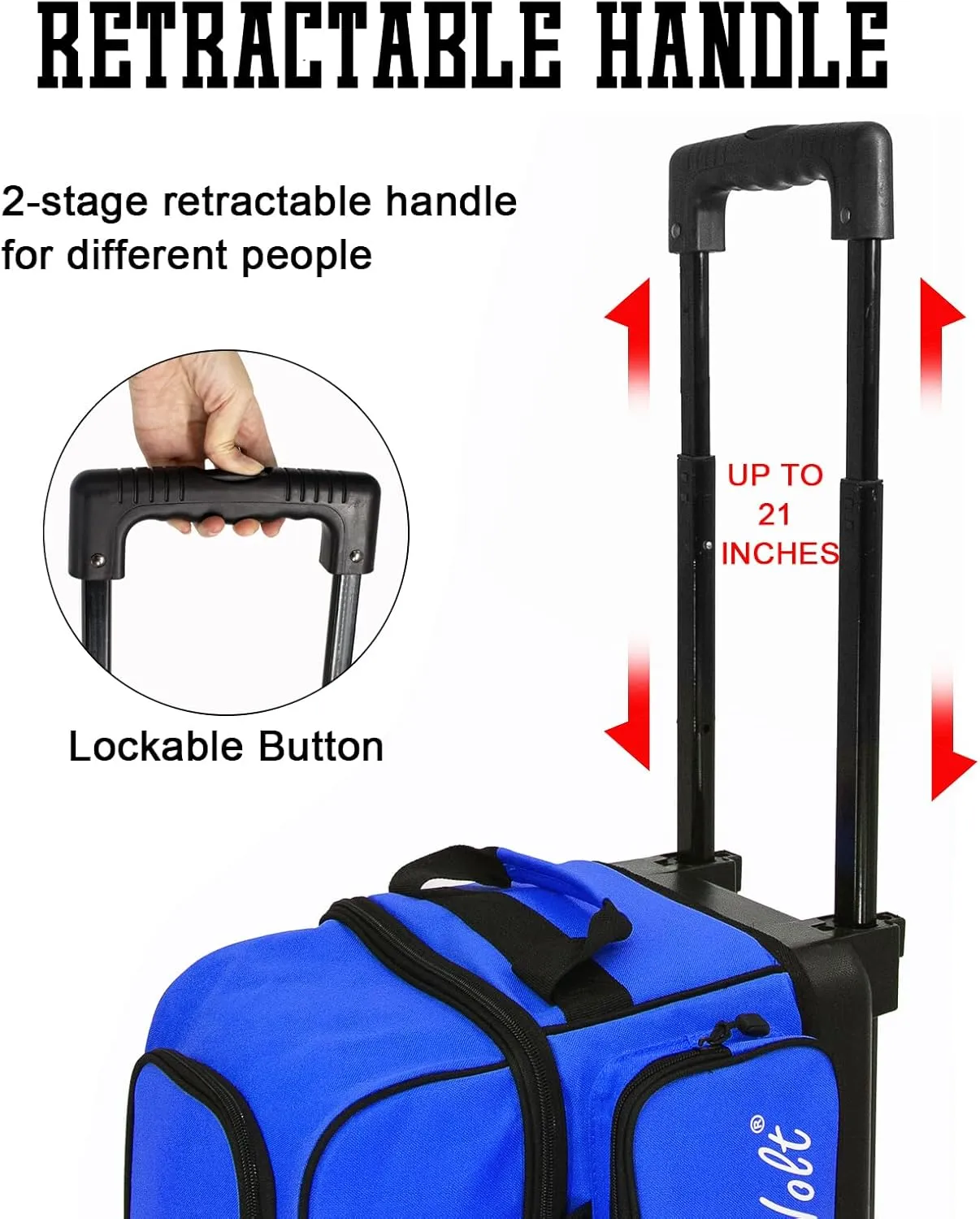 WOLT Double Roller 2 Ball Bowling Bag with Separate Shoe Compartment, Large Capacity Bowling Ball Bag with Accessory Pocket, Retractable Handle extends to 40"