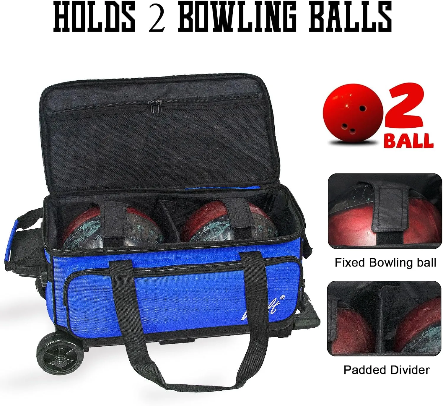 WOLT Double Roller 2 Ball Bowling Bag with Separate Shoe Compartment, Large Capacity Bowling Ball Bag with Accessory Pocket, Retractable Handle extends to 40"